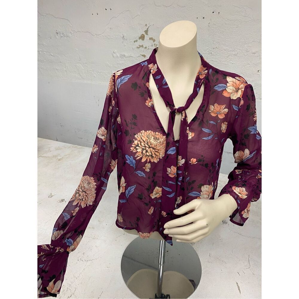 Forever 21 Burgundy Floral Shear Long Sleeve Blouse Collar Sash Ladies Size Smal
